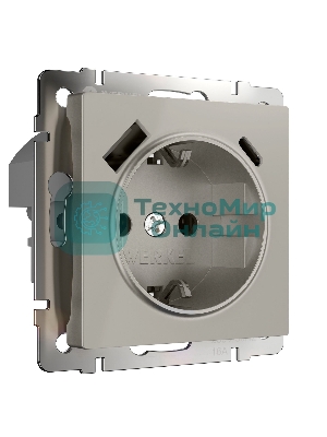 Розетка с заземлением, шторками и USB тип A+C (дымчатый)