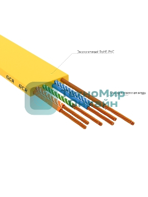 Патч-корд GCR PROF плоский прямой 2.0m, UTP медь cat.6, желтый, 30 AWG, ethernet high speed 10 Гбит/с, RJ45, T568B, GCR-52827