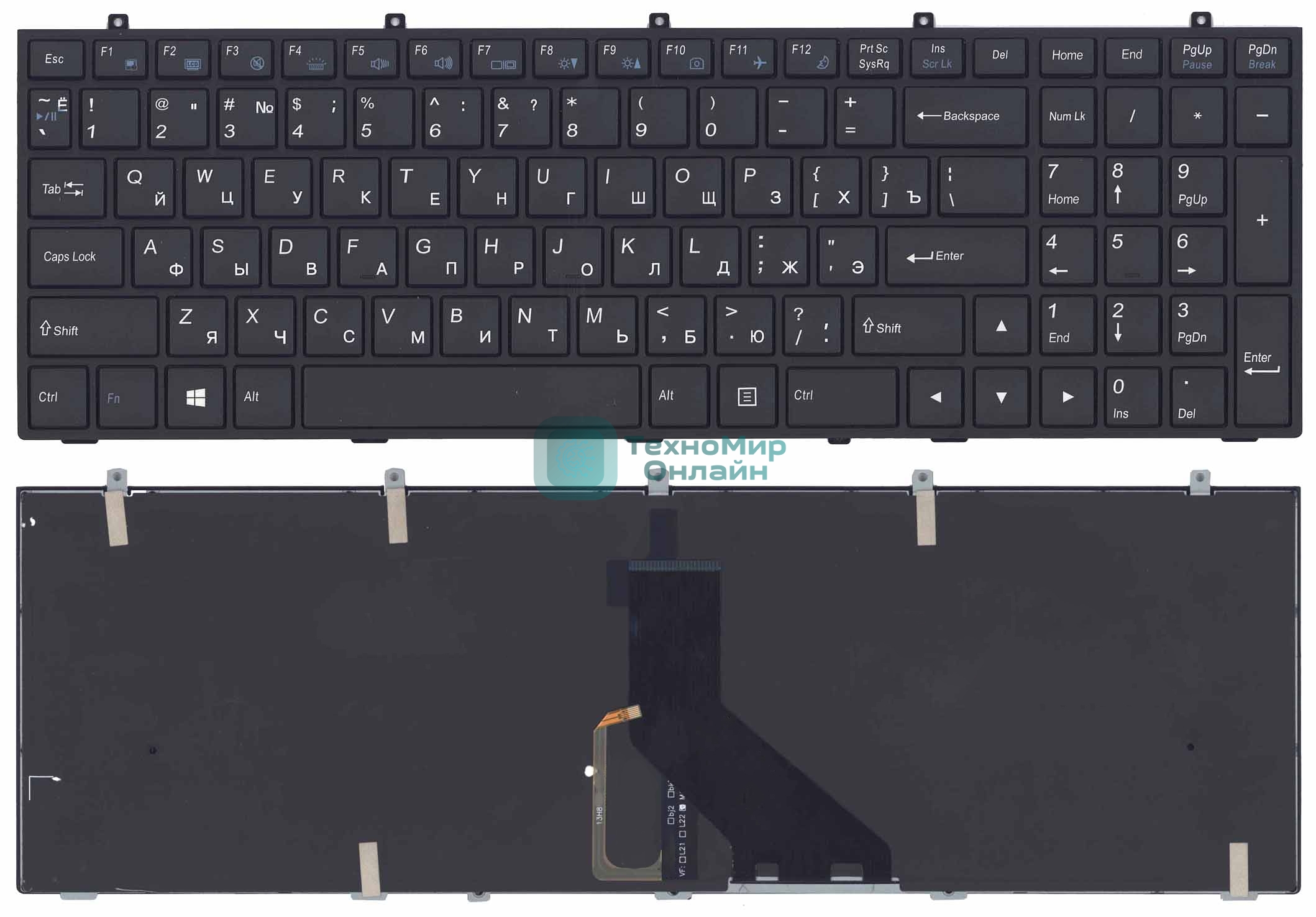 Клавиатура для ноутбука DNS Clevo W350 w370 черная c рамкой (плоский ENTER) подсветка