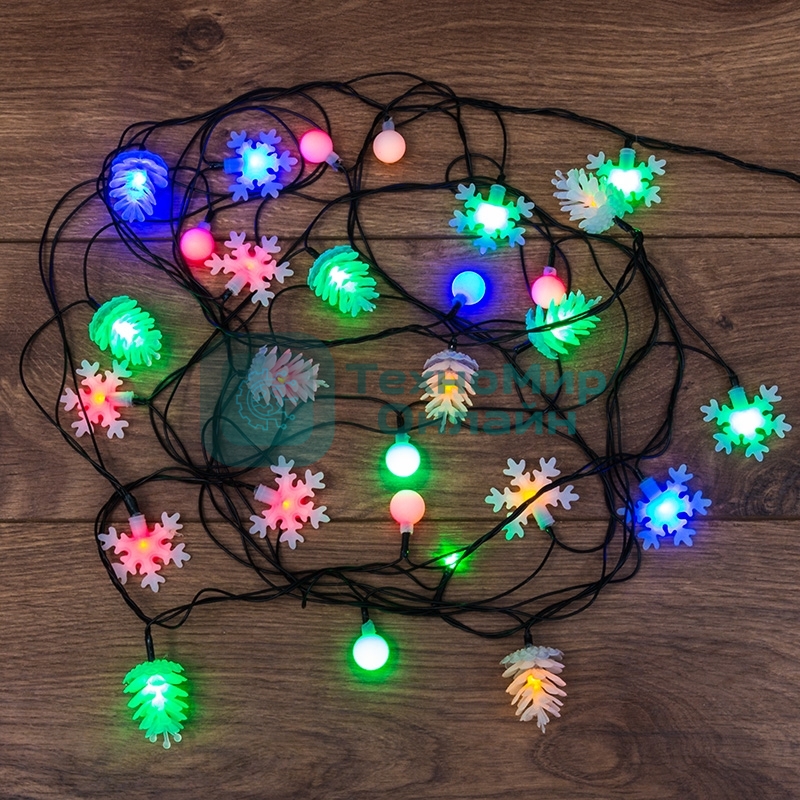 Гирлянда светодиодная Neon-night универсальная с насадками (шарики, снежинки, елочки) 30 LED МУЛЬТИКОЛОР, 4,4 метра с контроллером
