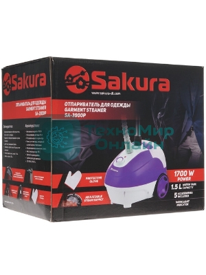 Отпариватель Sakura SA-3900P белый/фиолетовый, 1700 Вт, 30 г/мин, 1500 мл