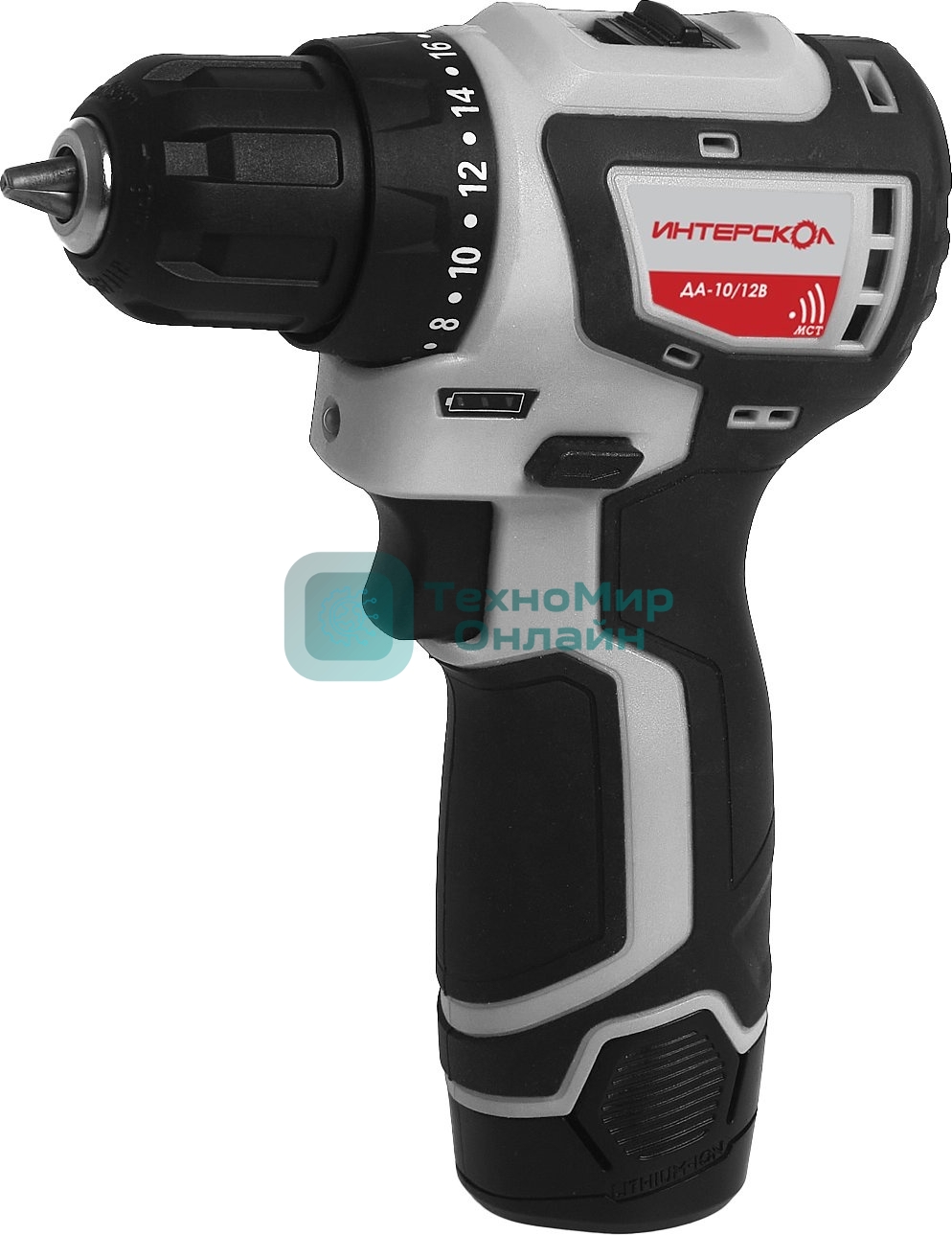 Дрель-шуруповерт ИНТЕРСКОЛ ДА-10/12В, 12 В, 2 Ач, 36 Нм, бесщеточный