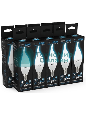 Лампа светодиодная Gauss 104101307 6.5Вт цок.: E14 свеча 220B 6500K св. свеч. бел. хол. (упак.: 10 шт)