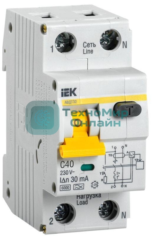 Выключатель автоматический дифференциального тока 2п (1P+N) C 40А 30мА тип A 6кА АВДТ-32 IEK MAD22-5-040-C-30
