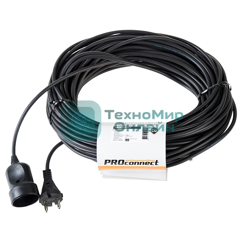 Удлинитель-шнур PROconnect ПВС 2х0.75, 30 м, б/з, 6 А, 1300 Вт, IP20, черный