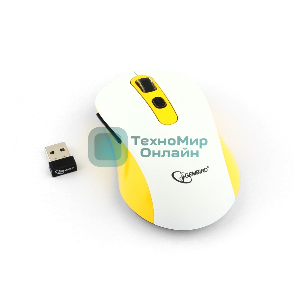 Мышь беспроводная Gembird MUSW-221-Y белый/желтый, 1600 dpi, радиоканал, USB, кнопки - 6