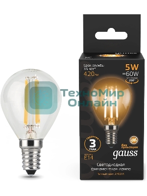 Лампа светодиодная филаментная Gauss Filament 5Вт цок.: E14 свеча 220B св. свеч. бел. теп. (упак.: 10 шт)