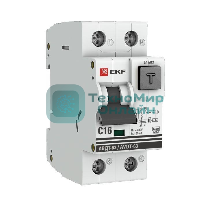 Выключатель автоматический дифференциального тока АВДТ-63 EKF DA63-16-30 16А/30мА (характеристика C, эл-мех тип A) 6кА EKF PROxima