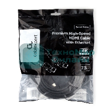 Кабель HDMI Cablexpert CC-HDMI4L-7.5M, 7.5м, v2.0, 19M/19M, серия Light, черный, позол.разъемы, экран, пакет