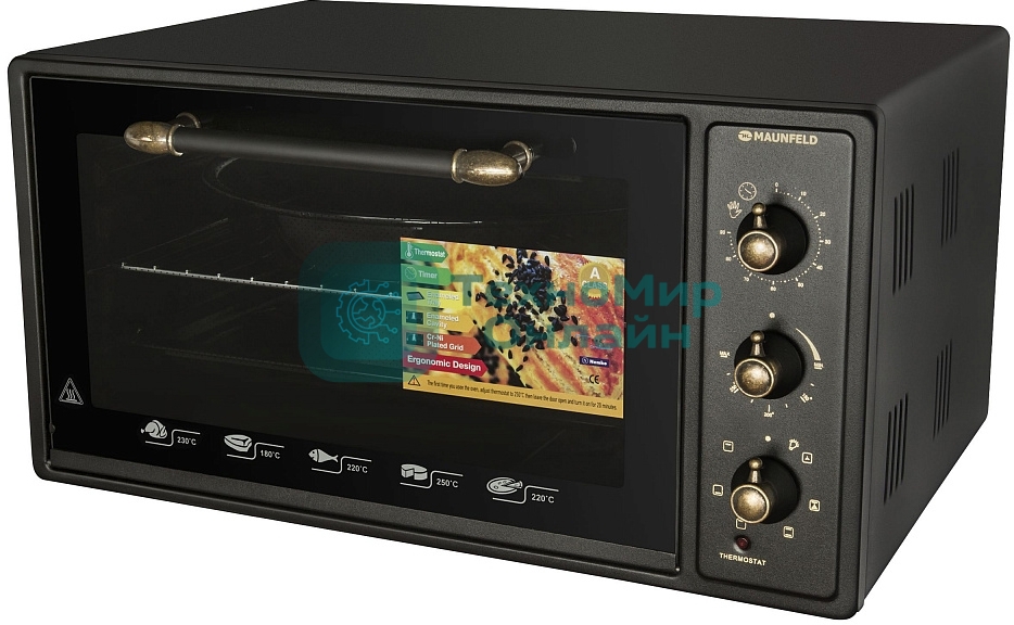 Мини-печь Maunfeld Мини-печь Maunfeld/ширина 60 см, механическое управление, 45 л,конвекция, черный+стекло,фурнитура бронза