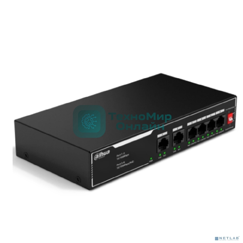 Коммутатор неуправляемый 6-портовый с РоЕ Dahua DH-SF1006LP, 4xRJ45 100Mb PoE, 2xRJ45 100Mb uplink, суммарно 36Вт, коммутация 1.2 Гбит/с, MAC-таблица 2K, металл