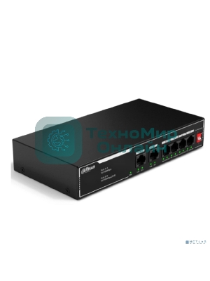 Коммутатор неуправляемый 6-портовый с РоЕ Dahua DH-SF1006LP, 4xRJ45 100Mb PoE, 2xRJ45 100Mb uplink, суммарно 36Вт, коммутация 1.2 Гбит/с, MAC-таблица 2K, металл