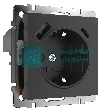 Розетка с заземлением, шторками и USB тип A+C (черный)