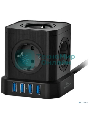 Сетевой фильтр Cablexpert Tower, TWR-5-U4-B-3, 5 р, 10А, 4хUSB, 3.1А, 3 м, ур.защиты 4+, черный, коробка
