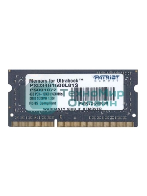 Оперативная память Patriot, DDR3L, 4GB (1x4 GB), 1600 MHz, CL11, SO-DIMM