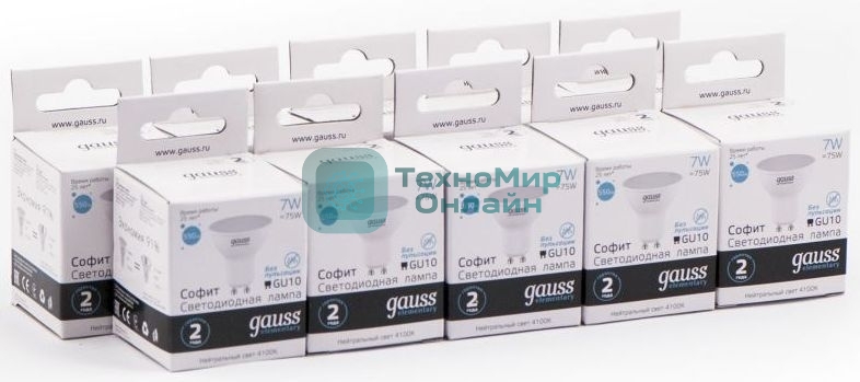 Лампа светодиодная Gauss Elementary MR16 7Вт цок.: GU10 спот 220B 4100K св. свеч. бел. нейт. MR16 (упак.: 10 шт) (13627)