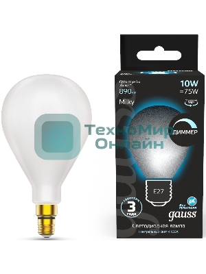 Лампа cветодиодная Gauss Filament А160 10W 890lm 4100К Е27 milky диммируемая LED