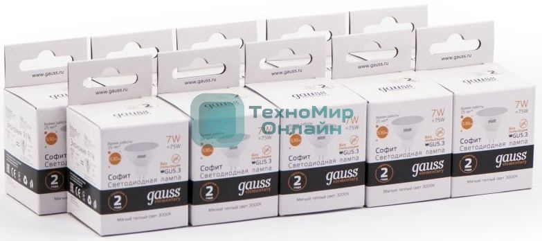 Лампа светодиодная Gauss Elementary MR16 7Вт цок.: GU5.3 спот 220B 3000K св. свеч. бел. теп. MR16 (упак.: 10 шт) (13517)