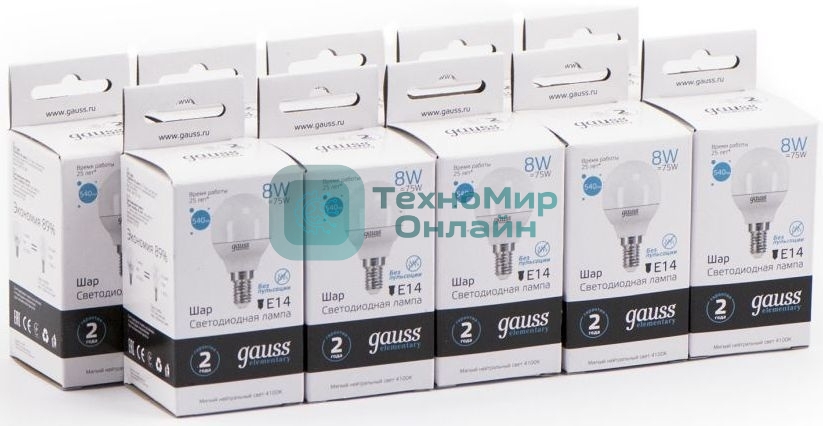 Лампа светодиодная Gauss Elementary 8Вт цок.: E14 шар 220B 4100K св. свеч. бел. нейт. P45 (упак.: 10 шт)