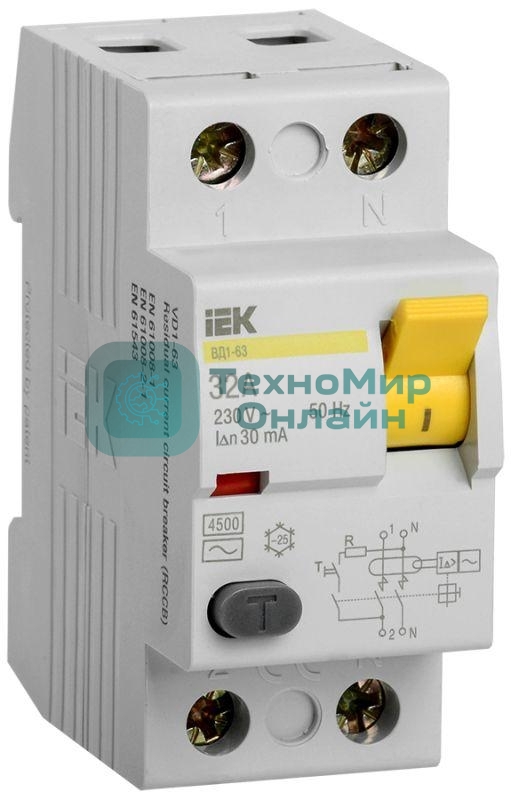 Выключатель дифференциального тока (УЗО) 2п 32А 30мА тип AC ВД1-63 IEK MDV10-2-032-030