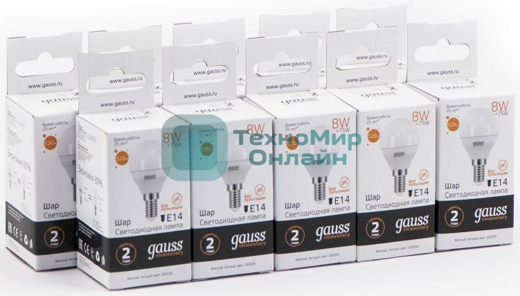 Лампа светодиодная Gauss Elementary 8Вт цок.: E14 шар 220B 3000K св. свеч. белый теп. P45 (упак.: 10 шт)