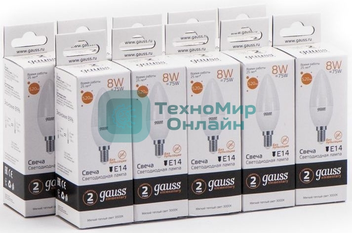 Светодиодная лампа Gauss Elementary 8Вт цок.: E14 свеча 220B 3000K св. свеч. белый. теп. С37 (упак.: 10 шт)