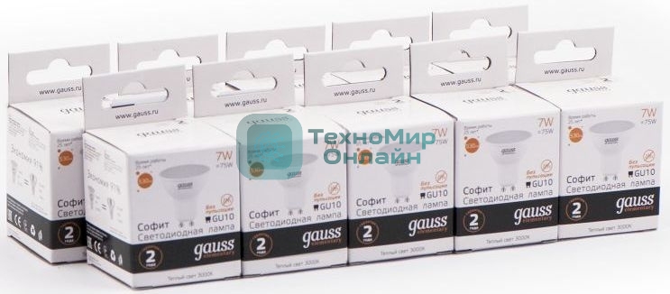 Лампа светодиодная Gauss Elementary MR16 7Вт цок.: GU10 спот 220B 3000K св. свеч. бел. теп. (упак.: 10 шт)