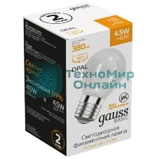 Лампа светодиодная Gauss Basic 1055215 4.5Вт цок.: E27 шар 220B 2700K св. свеч. белый. теп. (упак.: 10 шт)