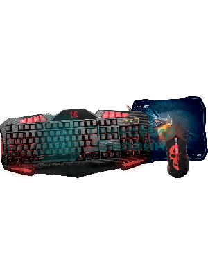 Игровой комплект Qumo Axe Strike, проводная, 104+8 клавиш, встроенные подсветки общая + кнопок 7 цветов, мышь проводная, оптическая, коврик