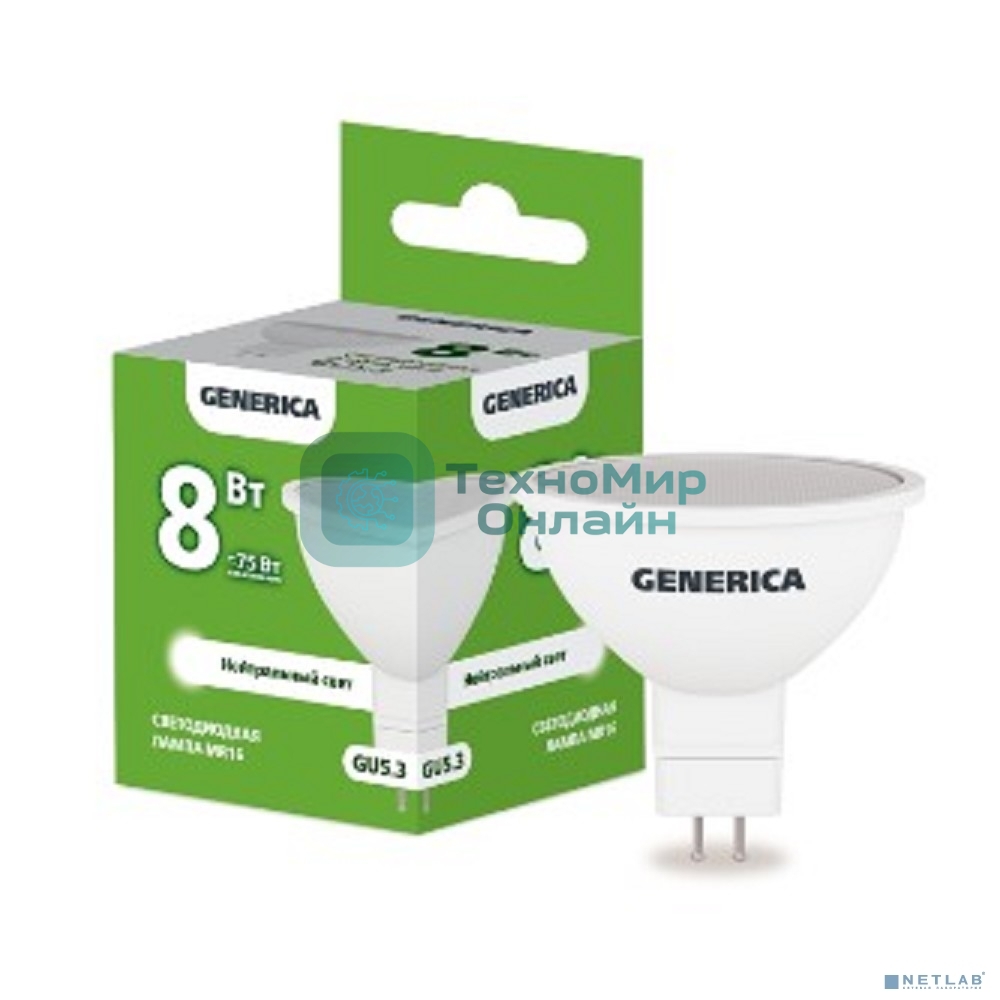 Лампа cветодиодная LED MR16 IEK LL-MR16-08-230-40-GU5-G софит 8Вт 230В 4000К GU5.3 GENERICA