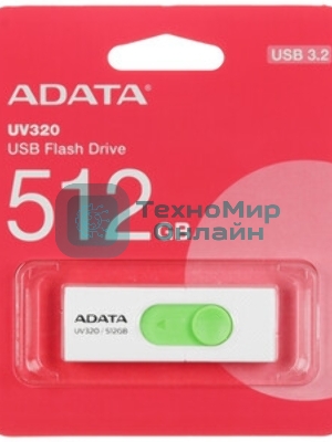 Флешка USB ADATA UV320 (AUV320-512G-RWHGN), 512Gb, USB 3.2 Gen1, R/W 100/30, белый/зеленый