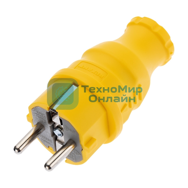 Вилка Rexant прямая влагозащищенная, c/з, 16А. IP44, каучук желтая