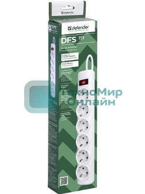 Сетевой фильтр Defender DFS 151 1,8 м, белый, 6 розеток