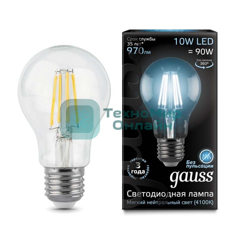 Лампа светодиодная Gauss Filament А60 E27 10Вт 4100К