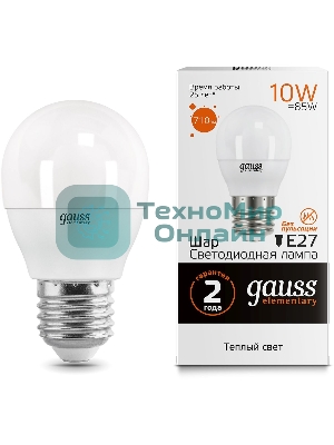 Лампа светодиодная Gauss Elementary 10Вт цок.: E27 шар 220B 3000K св. свеч. белый. теп. (упак.: 10 шт)