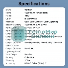 Портативный аккумулятор Vention Power Bank 10000mAh(Micro-USB/C/A/A) со встроенными кабелями 22.5W Черный с LED Дисплеем, шт.