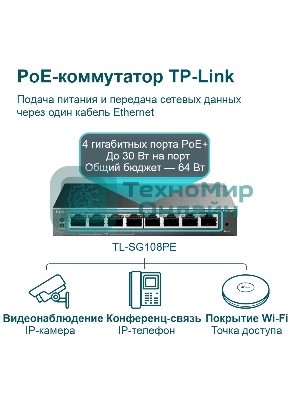 Коммутатор TP-Link SMB TL-SG108PE Easy Smart гигабитный 8-портовый коммутатор с 4 портами PoE