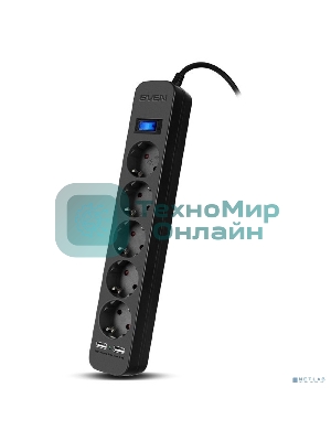 Фильтр SVEN SF-05LU 1,8 м (5 евро розеток,2хUSB(2,4А)) черный, цветная коробка Surge protector SVEN SF-05LU 1,8 м (5 евро розеток,2хUSB(2,4А)) черный, цветная коробка