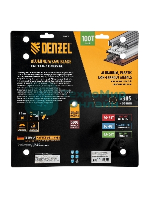 Пильный диск по алюминию Denzel ф305 х 30 мм, 100 зубьев 733807