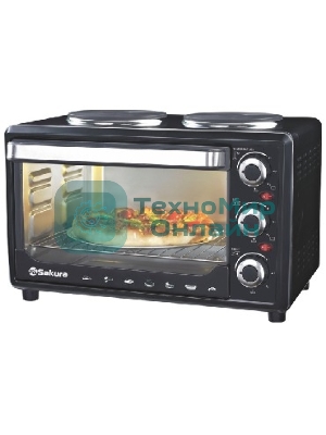 Мини-печь Sakura SA-7002HBK 48л, 3600Вт, духовка 2000Вт, конфорки 185мм+155мм (1000Вт+600Вт), механ.управление, 3 режима работы духовки (верх, низ, верх+низ), раздельная регулировка температуры духовки и конфорок, комплектация - металлическая решетка, противень и ухват. чёрны