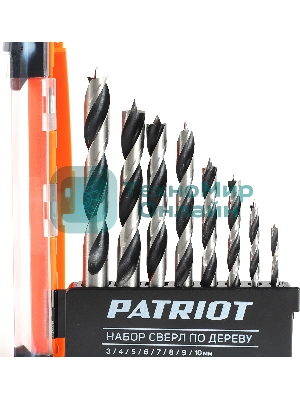 Набор сверл по дереву PATRIOT спиральные, W-образная заточка, 8 шт: 3, 4, 5, 6, 7, 8, 9, 10 мм, в пластиковом боксе