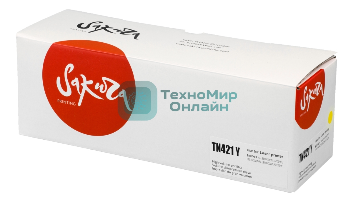 Картридж лазерный Sakura TN421Y для Brother HL-8260DCW, DCP-8410, MFC-8690, желтый, 1 800к.