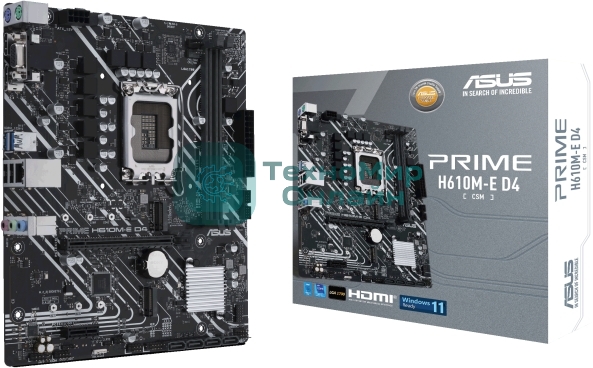 Материнская плата ASUS PRIME H610M-E D4-CSM, LGA 1700, Intel H610, 2xDDR4, 4xSATA, 2xM.2 PCIe 3.0 (x2, x4), 1xPCIe 4.0 x16, 1xPCIe x1, 1xHDMI, 1xDP, 1xVGA, 2xUSB-A 2.0, 2xUSB-A 3.2 Gen 1, 1x 1Gb LAN, 3x3.5 мм, 7.1, mATX
