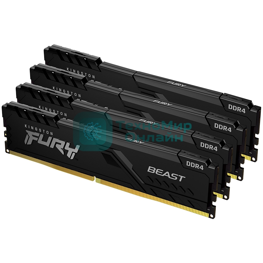 Оперативная память Kingston Fury Beast, DDR4, 32Gb (4x8GB), 3200MHz, CL16, DIMM, с радиатором, черный