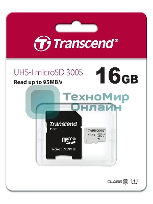 Флеш карта Micro SecureDigital 16Gb TranscendTS16GUSD300S-A MicroSDHC Class 10 UHS-I, SD adapter