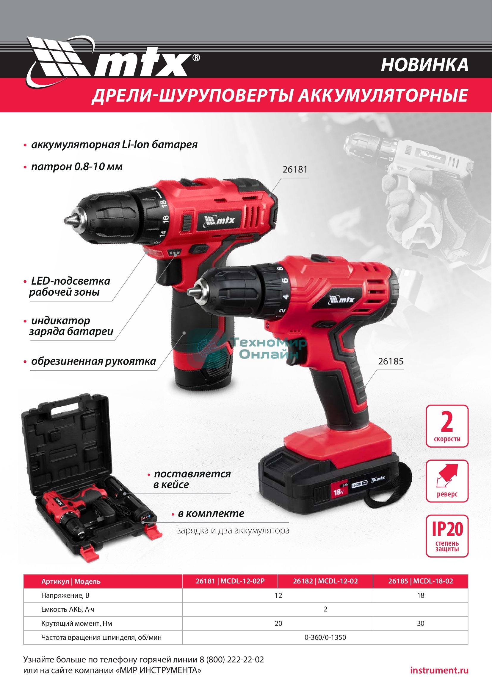 Дрель-шуруповерт аккумуляторная MTX MCDL-12-02P, Аккумуляторная, 12В, 2 АКБ, Кейс