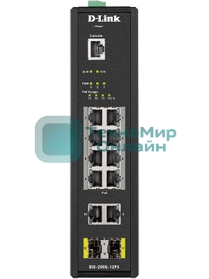 Коммутатор промышленный управляемый D-Link DIS-200G-12PS/A2A 2 уровня с 10 портами 10/100/1000Base-T и 2 портами 1000Base-X SFP (8 портов с поддержкой PoE 802.3af/802.3at (30 Вт), PoE-бюджет до 240Вт)