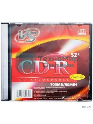 Диск CD-R VS (PERFEO)700 Mb, 52x, Slim Case (5), Printable (5/200)