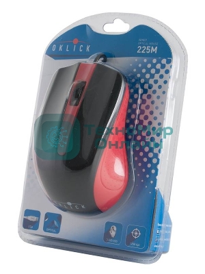 Мышь проводная Oklick 225M черный/красный, 1200 dpi, USB, кнопки - 3