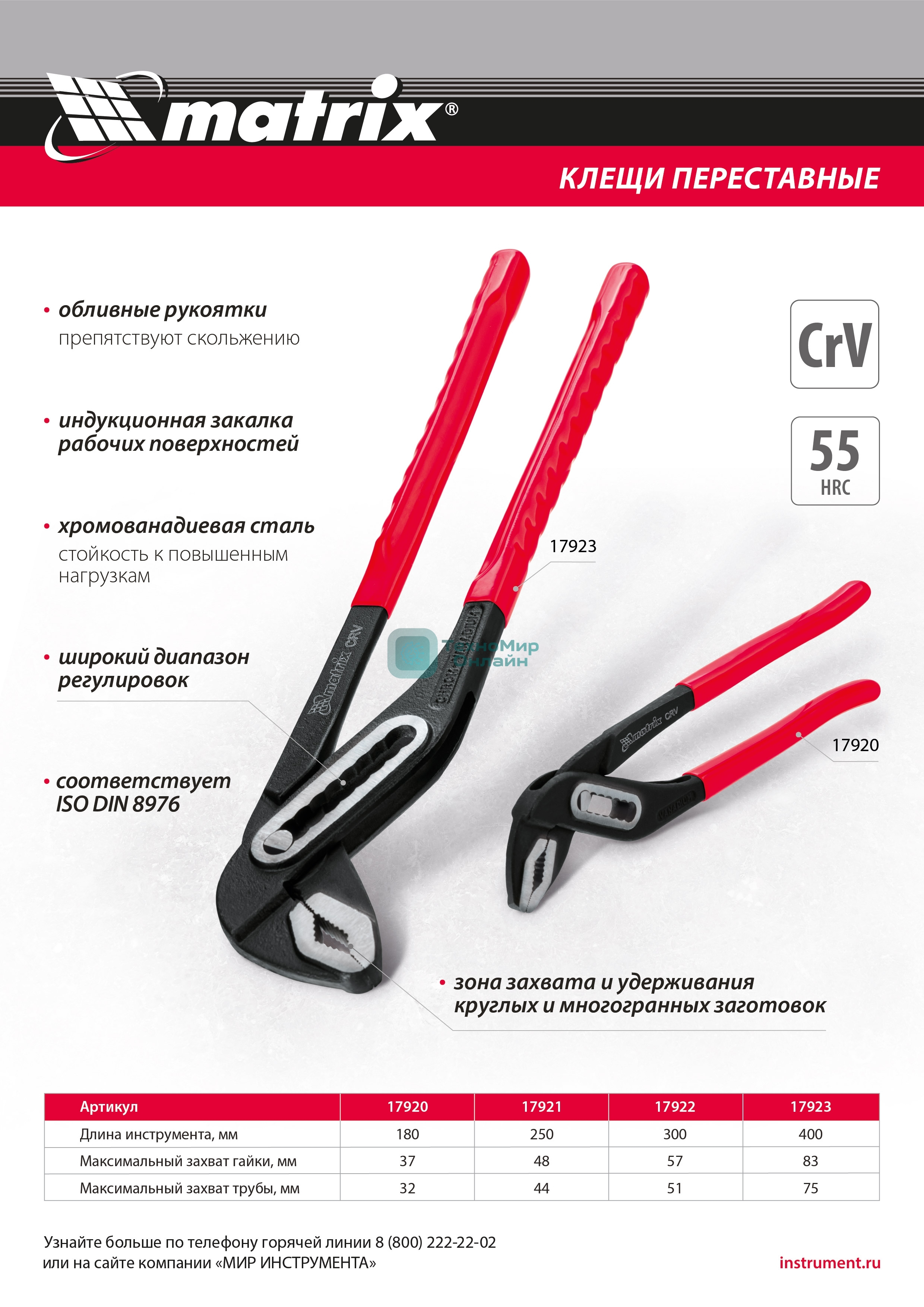 Переставные клещи Matrix 180 мм, хром-ванадий, обливные рукоятки